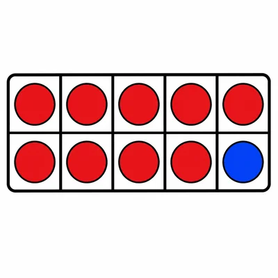 Nine red counters and one blue counter in a ten-frame.