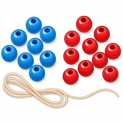 Blue and red beads grouped on a white background.