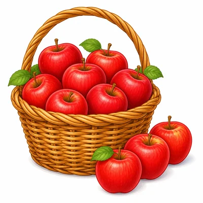 A basket of red apples with extra apples beside it.