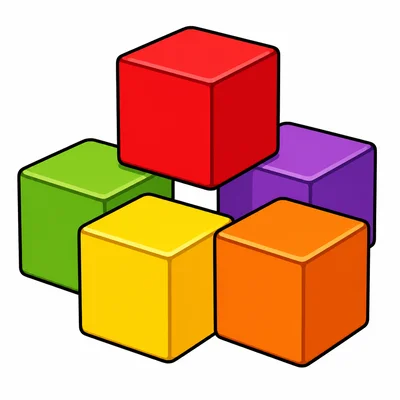 Five colorful toy blocks with no blue blocks.