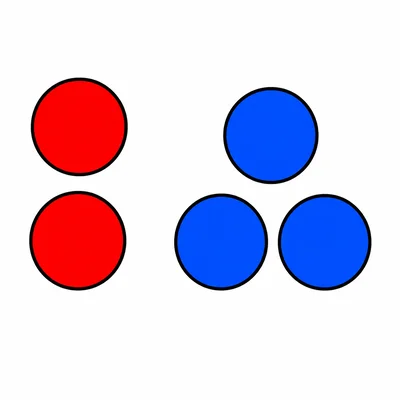 Two red circles and three blue circles making five circles total.