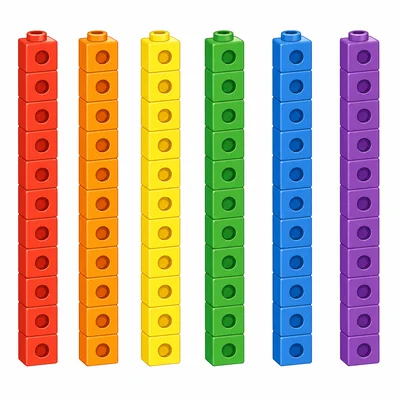 Six stacks of ten colorful blocks.