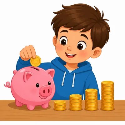 A child saves coins, with coin stacks growing larger each week.