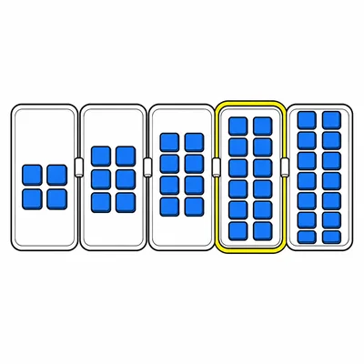 Five trays of blocks increasing by twos, with the fourth tray highlighted.