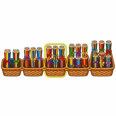 Five baskets of pencil bundles increasing by tens, with the third basket highlighted.