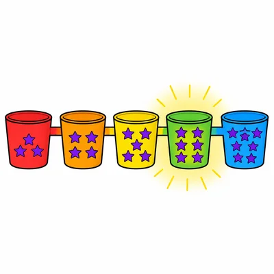 Five cups of stars increasing from three to seven, with the fourth cup highlighted.