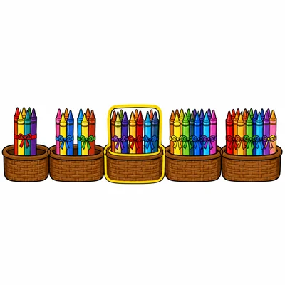 Five baskets of crayon bundles increasing by tens, with the third basket highlighted.