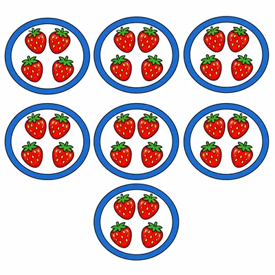 Seven plates with a repeating two two three strawberry pattern