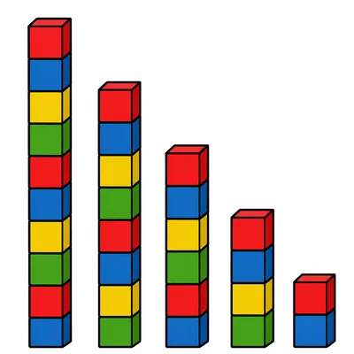 Five cube towers decreasing by two cubes each time