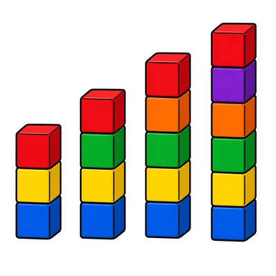 Four block towers increasing from three cubes to six cubes