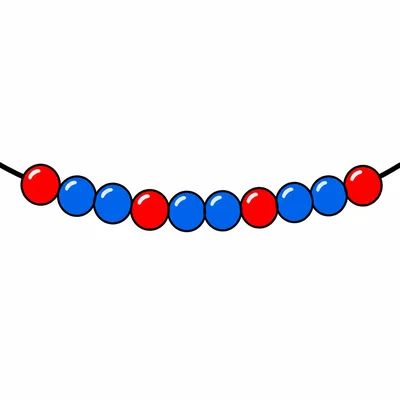 A bead string repeating one red bead then two blue beads