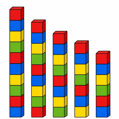 Five cube towers decreasing from ten cubes to six cubes