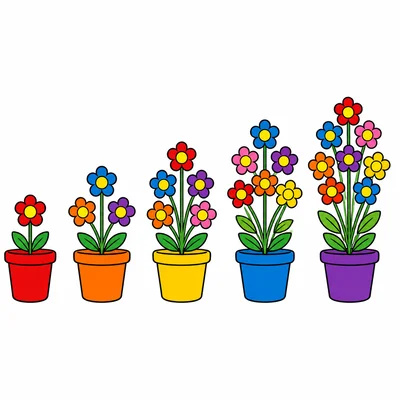 Five flower pots with odd numbers of flowers increasing