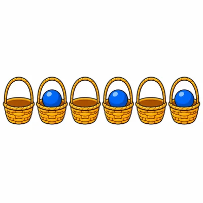 Six baskets alternating empty and one blue ball
