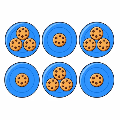 Six plates alternating three cookies and one cookie