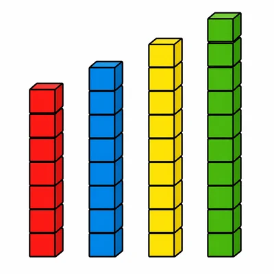 Four cube towers increasing from seven cubes to ten cubes