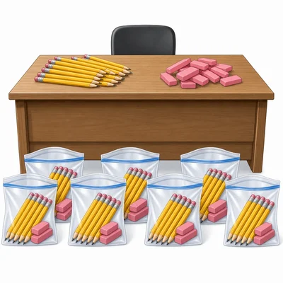 Pencils and erasers being sorted into identical supply bags.