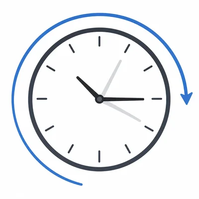 A clock face with a curved arrow showing time wrapping around in a cycle.