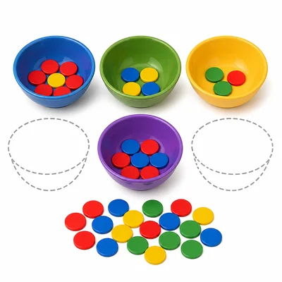 Six bowls with two removed, and 24 counters divided among the remaining bowls.