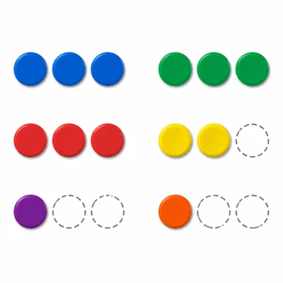 Six groups of three counters with four counters removed.