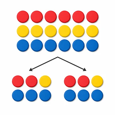 Eighteen counters with six counters split into two equal groups.