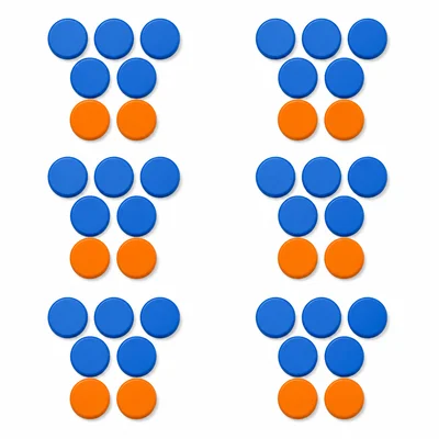 Six groups, each containing 5 blue counters and 2 orange counters.
