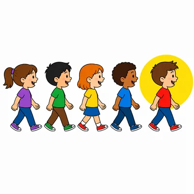 Five children standing in a line with the front child highlighted