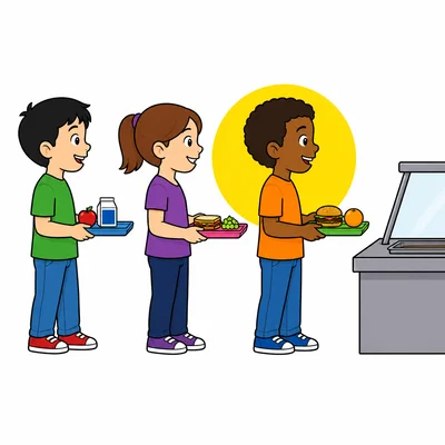 Three children in a lunch line with the third child highlighted