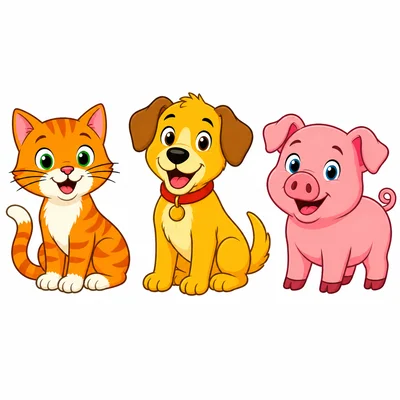 A cat, a dog, and a pig shown in order