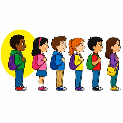 Six students in a line with the last student highlighted