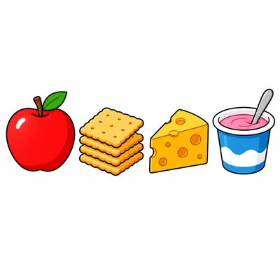 An apple, crackers, cheese, and yogurt shown in order