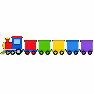 A train with five cars and the second car colored green