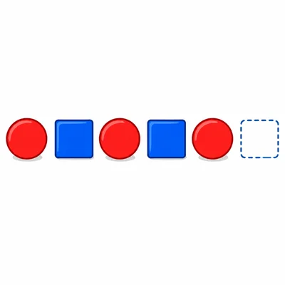 A repeating pattern of red circles and blue squares with one empty space at the end.