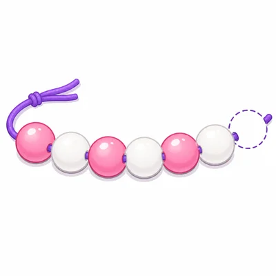 A bracelet with alternating pink and white beads and an empty bead space at the end.