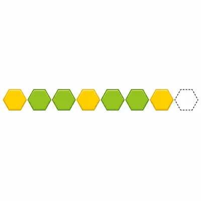 A yellow, green, green hexagon pattern with an empty space after the next yellow hexagon.