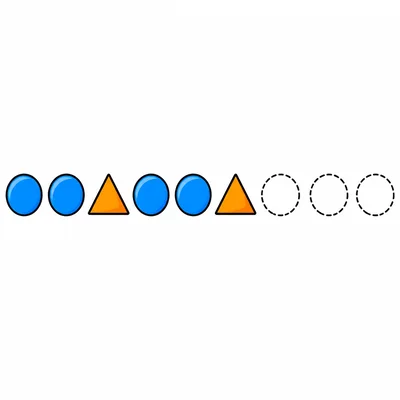 A blue circle, blue circle, orange triangle pattern with four empty spaces after it.