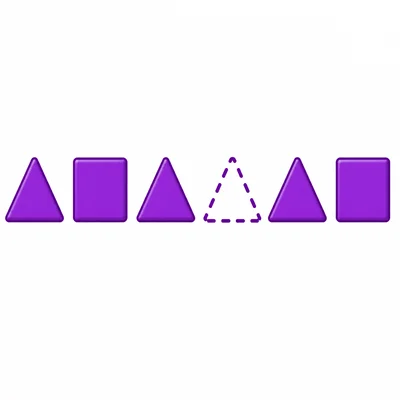 A purple triangle and square pattern with one missing space in the middle.
