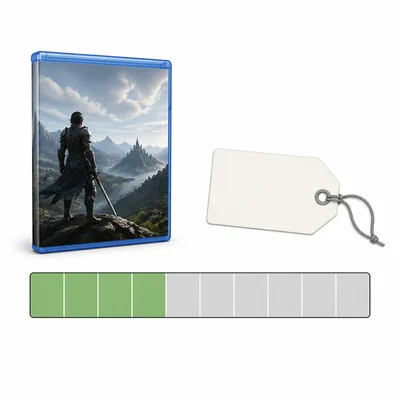 A video game case with a bar model showing four out of ten segments highlighted for a discount.