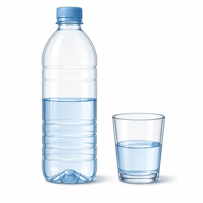 A water bottle half full with a glass of water beside it.