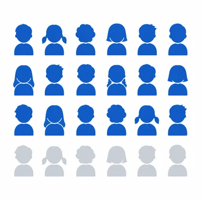 A grid of student icons with most colored blue and a smaller group gray, showing three-fourths present.