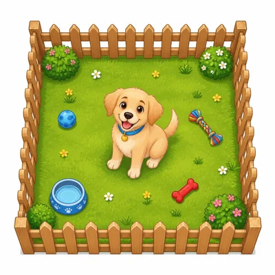 A square fenced dog pen with a dog inside.