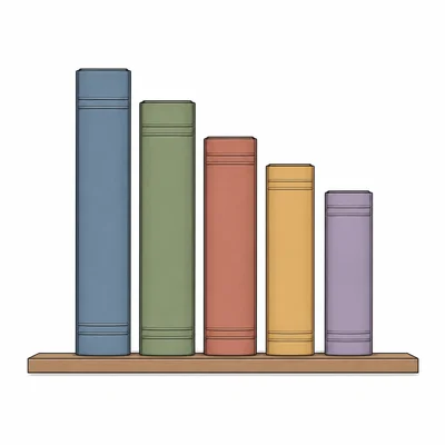 Five different books arranged in a row on a shelf.