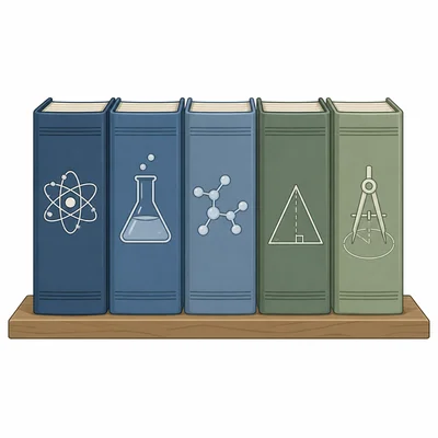 Three science-themed books and two math-themed books arranged on a shelf.