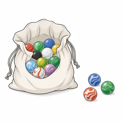 Three marbles selected from a bag of different colored marbles.