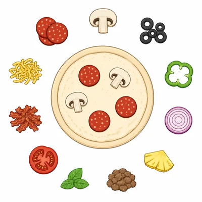 A pizza with two toppings selected from several topping options.