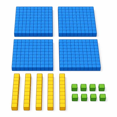 Base-ten blocks showing four hundreds, five tens, and eight ones.
