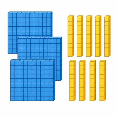 Base-ten blocks showing three hundreds, nine tens, and no ones.