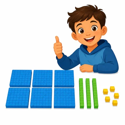 A child with base-ten blocks showing six hundreds, three tens, and five ones.