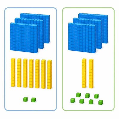 Two groups of base-ten blocks comparing three hundreds seven tens two ones with three hundreds two tens seven ones.