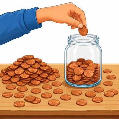 Some pennies are put into a jar while other pennies remain outside.